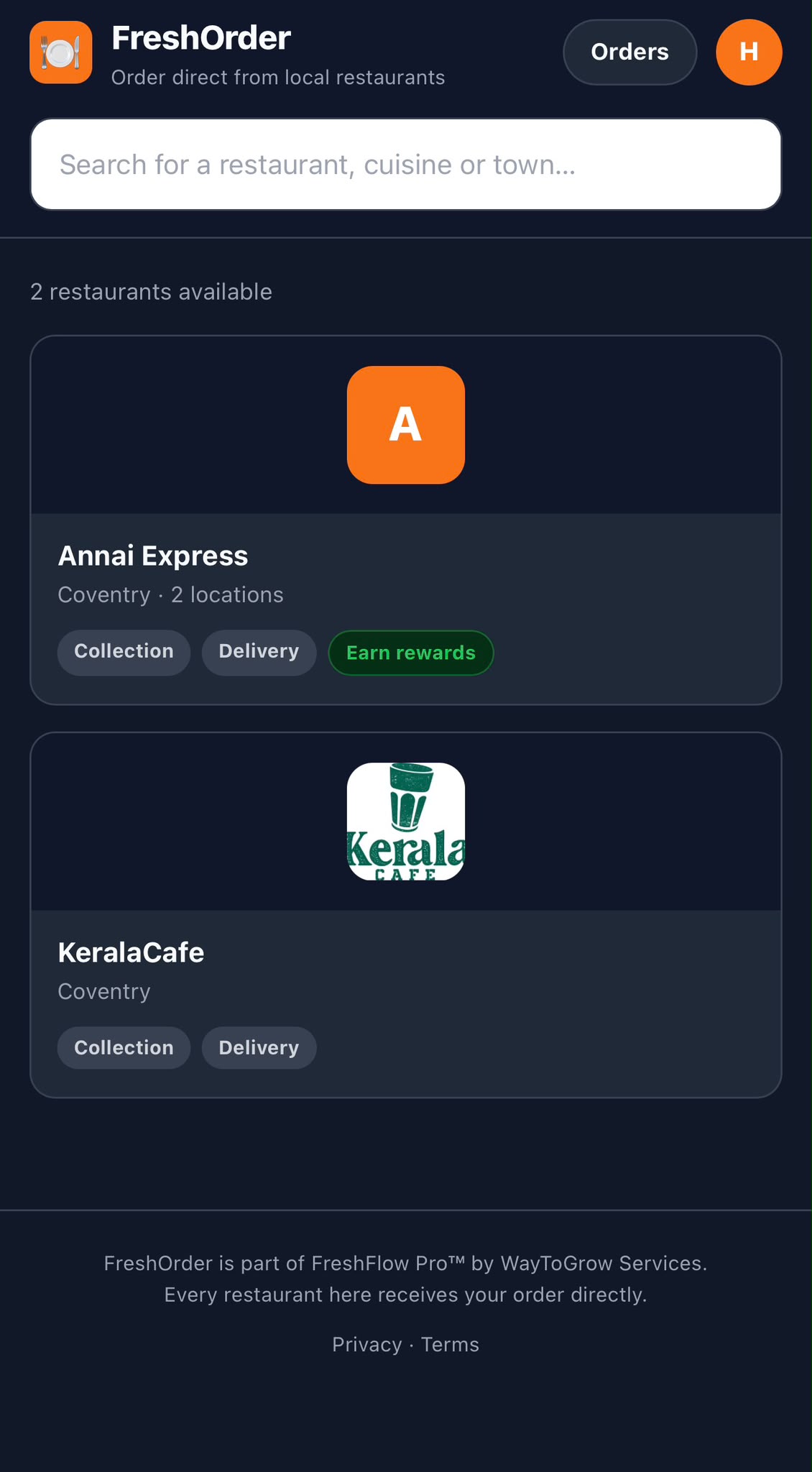 FreshOrder app home screen listing local restaurants available for collection and delivery
