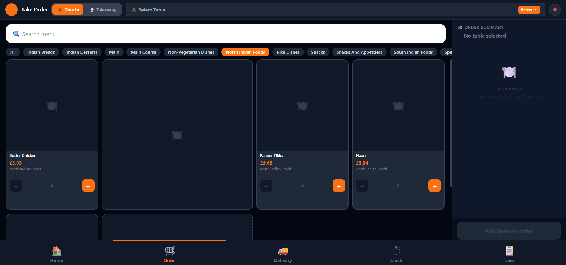 FreshFlow Pro order taking screen with menu items and running total