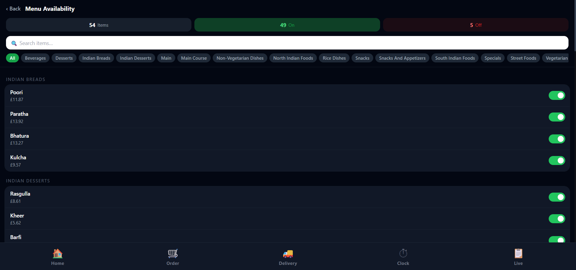 FreshFlow Pro menu availability screen with per-item toggles by category